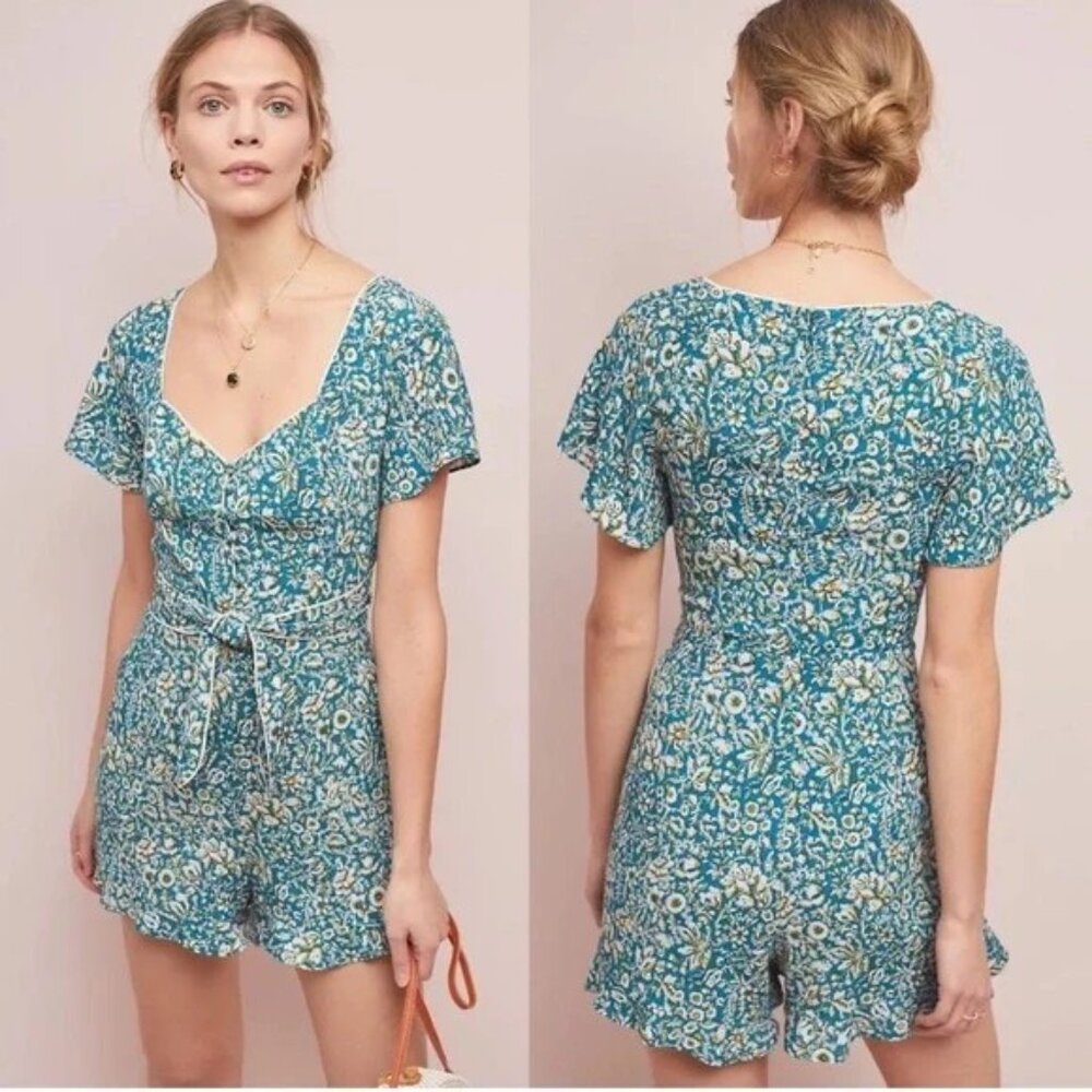 Anthropologie Maeve Teal Floral Point Breeze Flutter Sleeve Romper Small